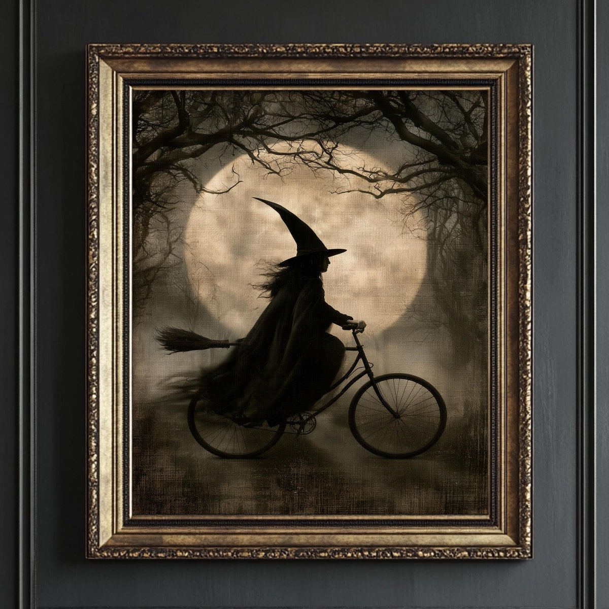 Witch riding a bicycle by moonlight art print in a misty forest
