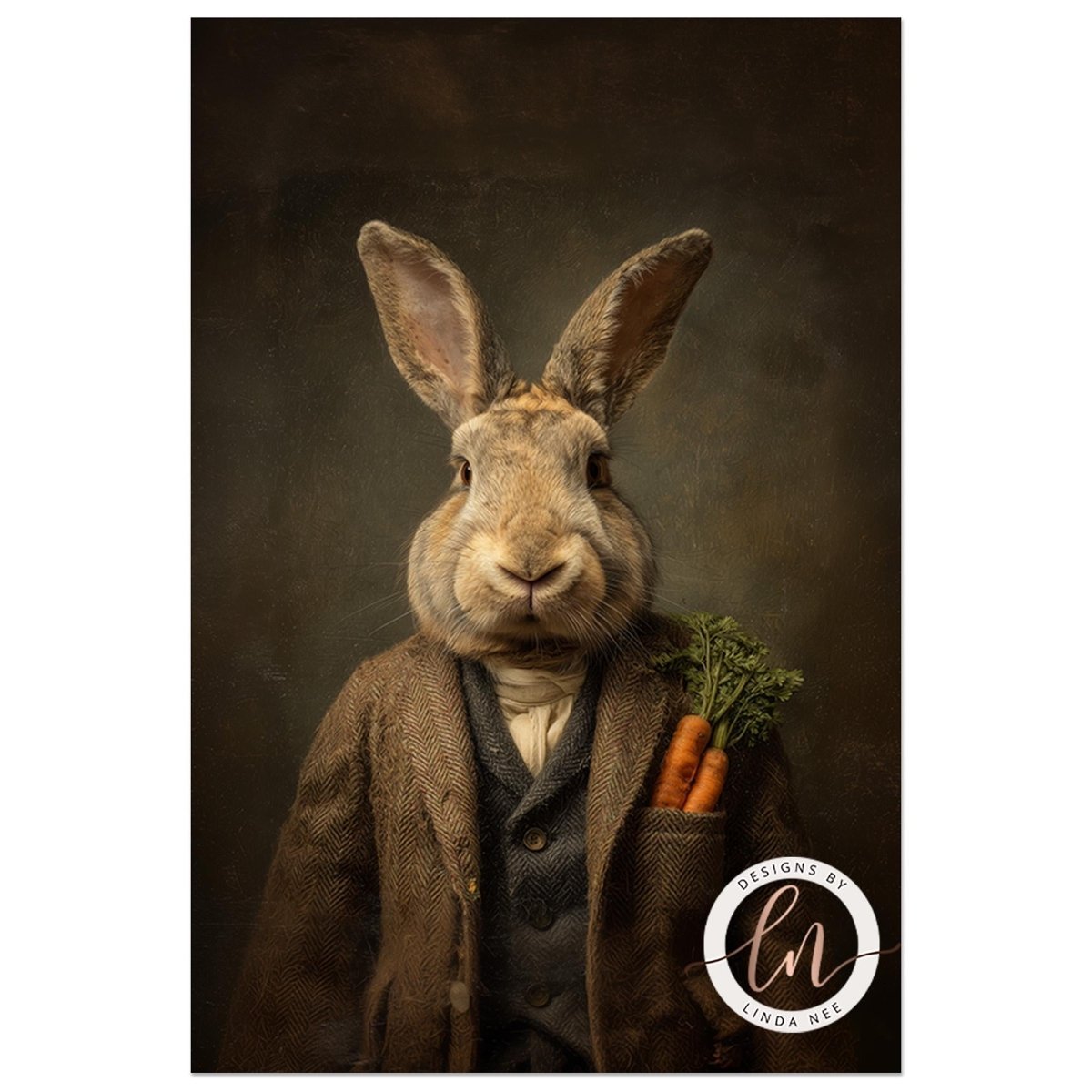 A rabbit wearing a suit and holding carrots in its pocket, with a dark background.