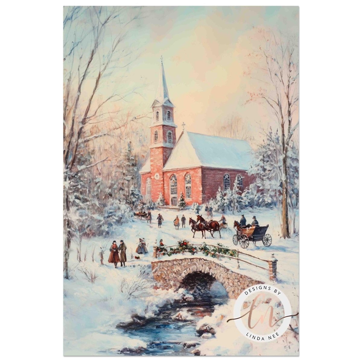 Red brick church with a horse drawn carriage crossing a bridge in the snow