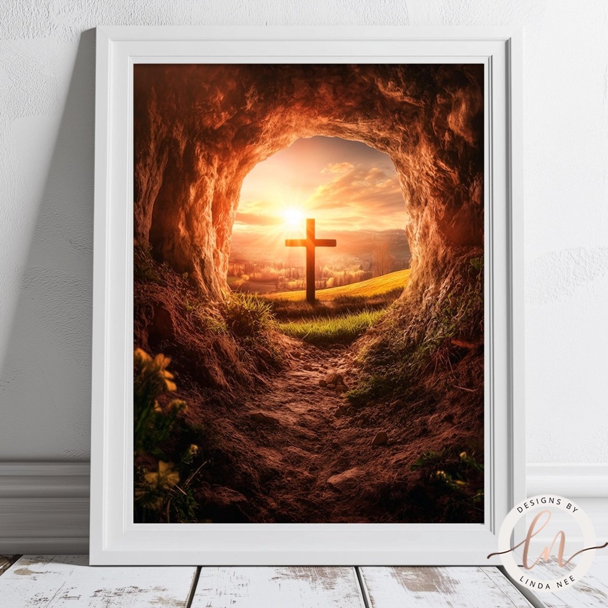 Cross draped in cloth at dawn print displayed with spring decor