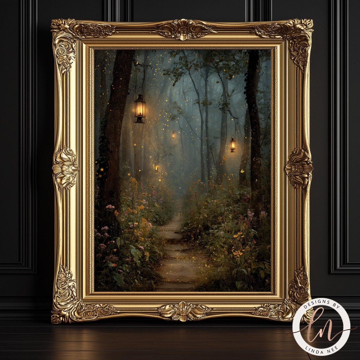 The image is a painting of a forest path with lanterns hanging from the trees, creating a magical and enchanting atmosphere.