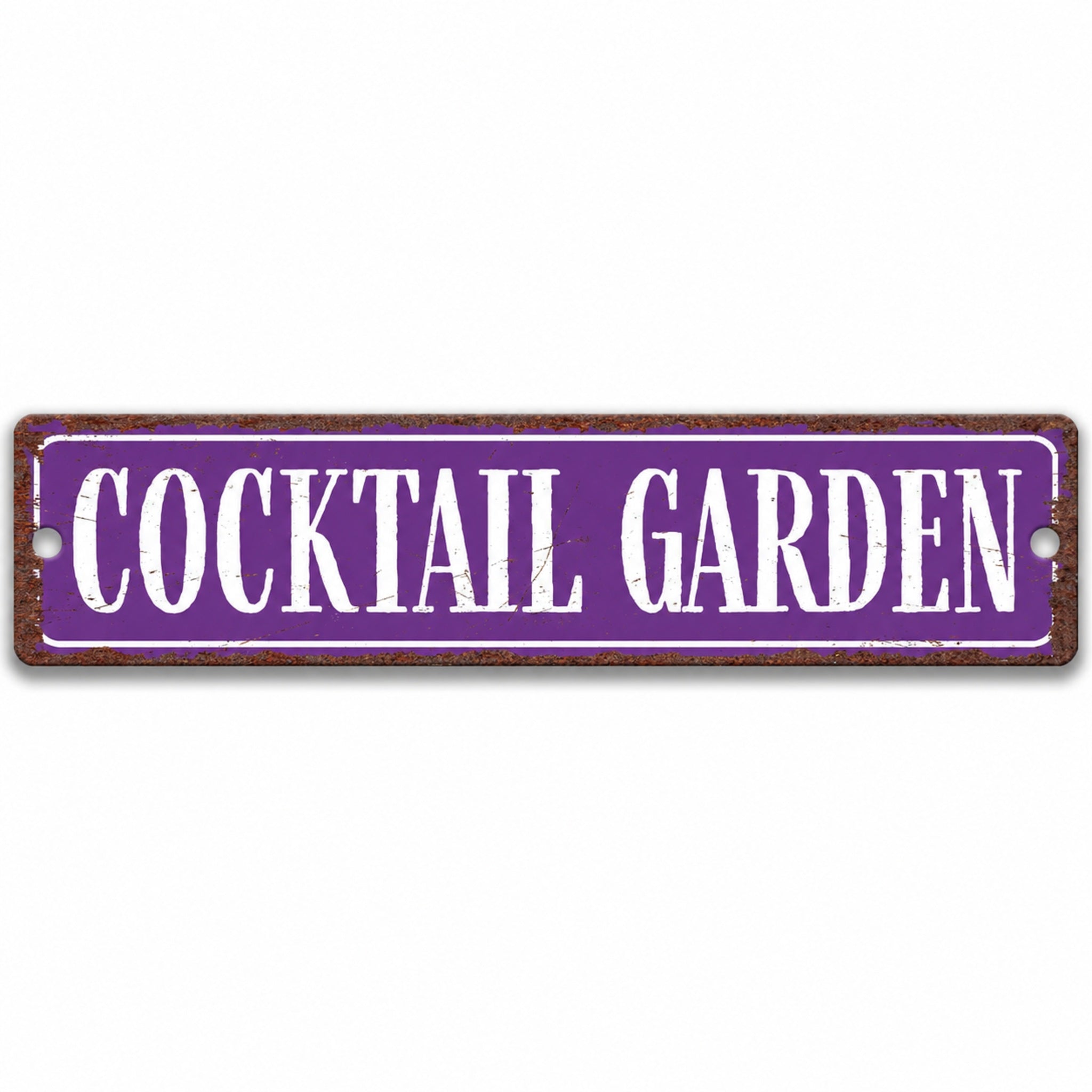 a purple sign with the text "Cocktail Garden" written on it.