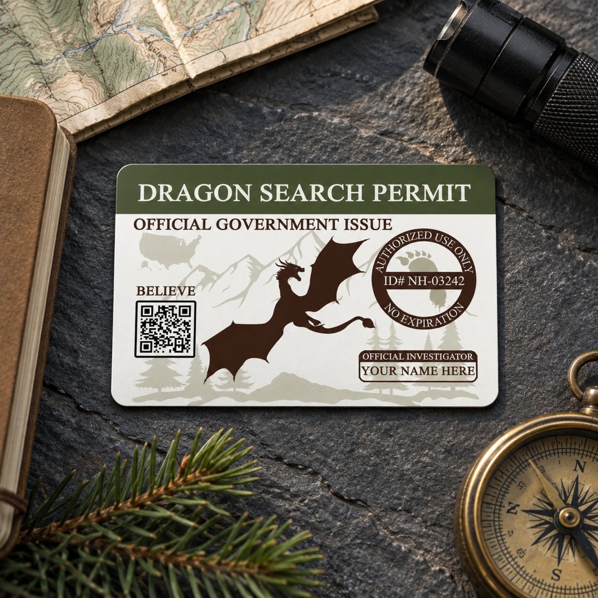 a Dragon Search Permit, a document that allows the holder to search for and explore the dragon-infested areas. The permit is accompanied by a compass, a flashlight, and a map, suggesting that the holder is prepared for an adventure in the dragon-infested region.