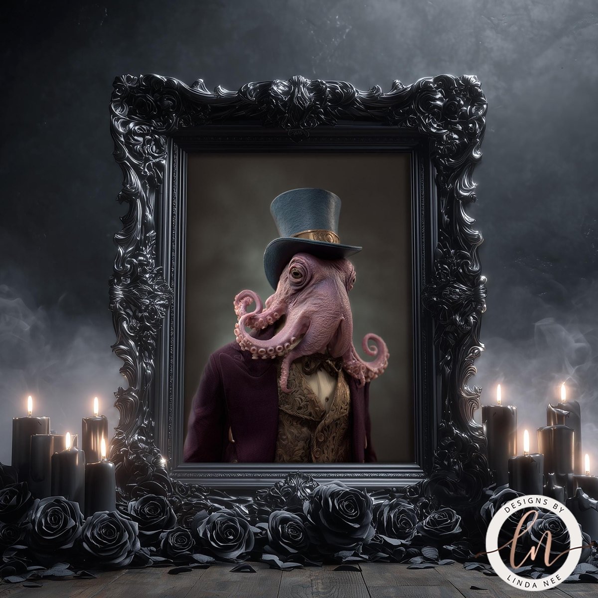 A framed image of a pink octopus wearing a top hat, with a dark, moody background and lit candles.