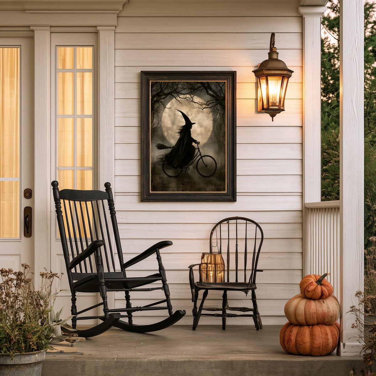Witch on a bicycle art print on a porch wall above a rocking chair and pumpkins