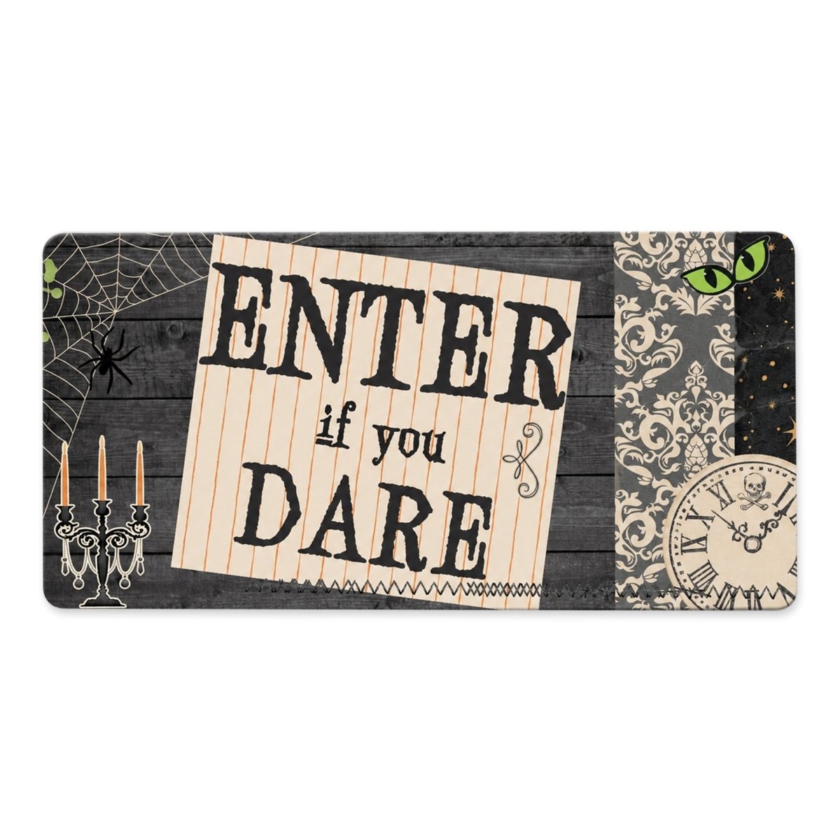 Enter If You Dare 6x12 metal wreath sign with a spider web, candle, and clock