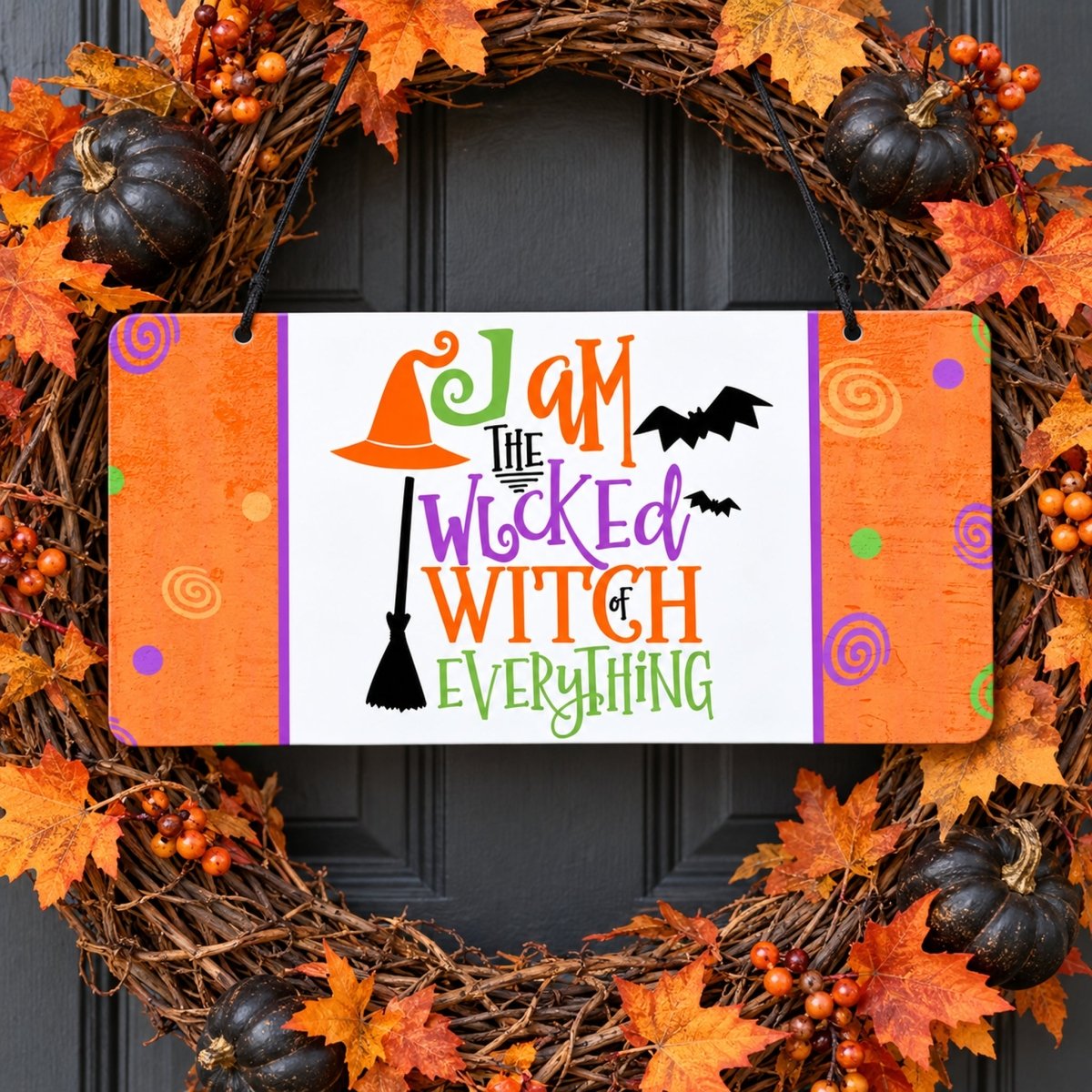 Wicked Witch of Everything sign centered in a door wreath