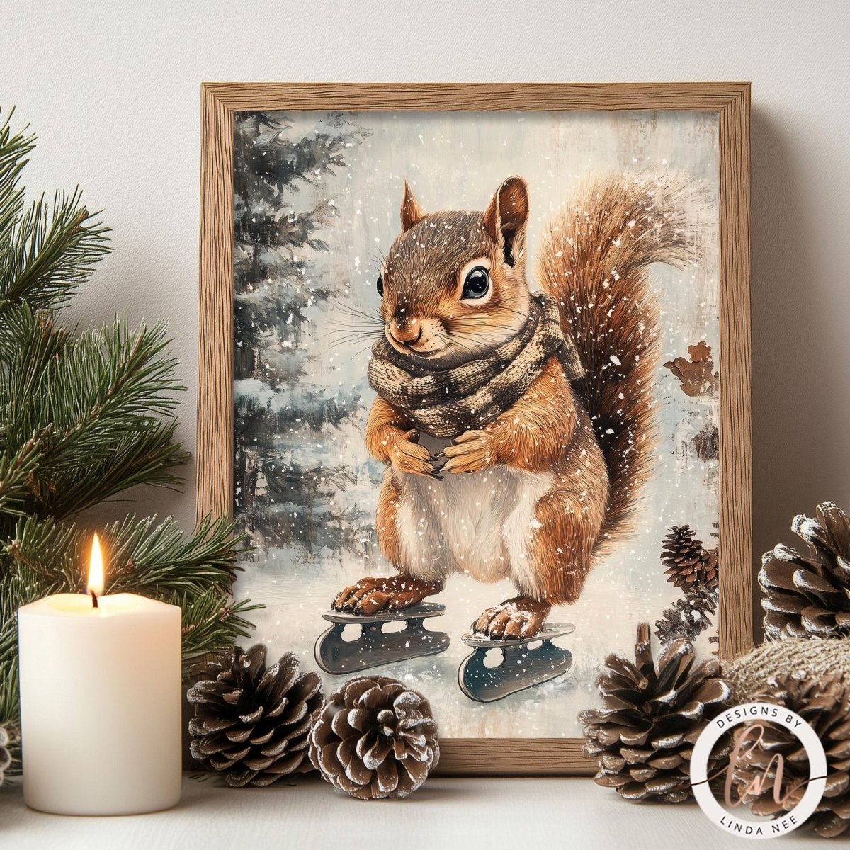Squirrel wearing a scarf and skiing, styled with pine cones and a candle