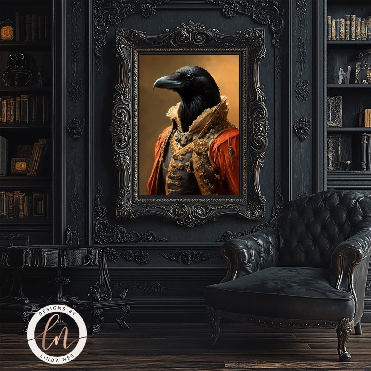 Raven in red and gold outfit displayed with a leather armchair