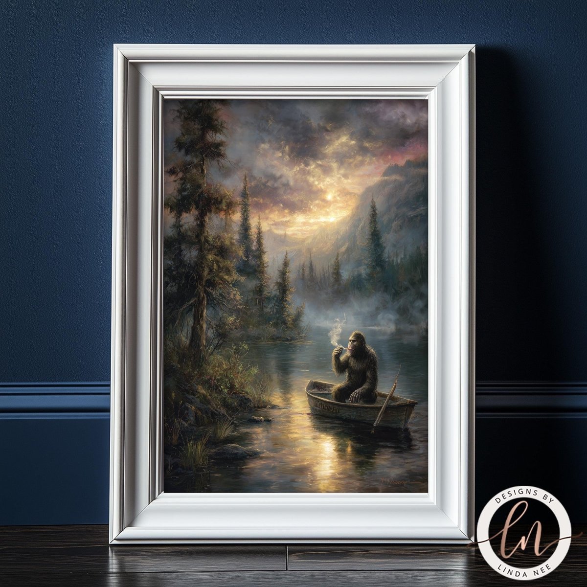 A painting of a gorilla sitting in a boat on a lake, surrounded by trees and mountains, with a dramatic sky in the background.