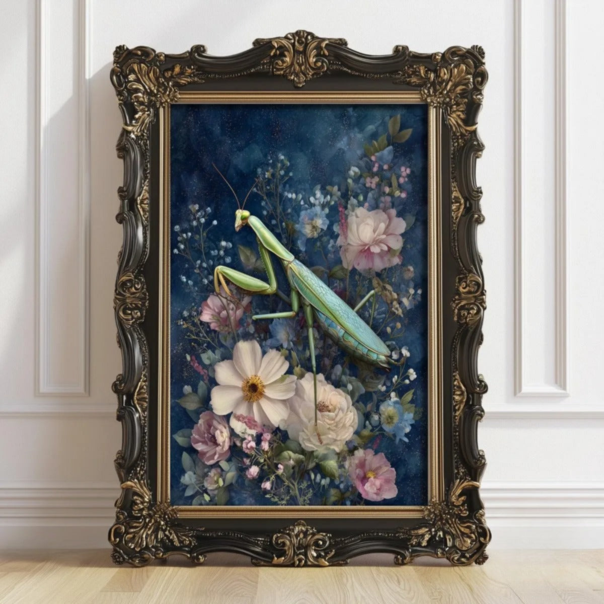 a framed painting of a praying mantis surrounded by a vibrant floral arrangement.