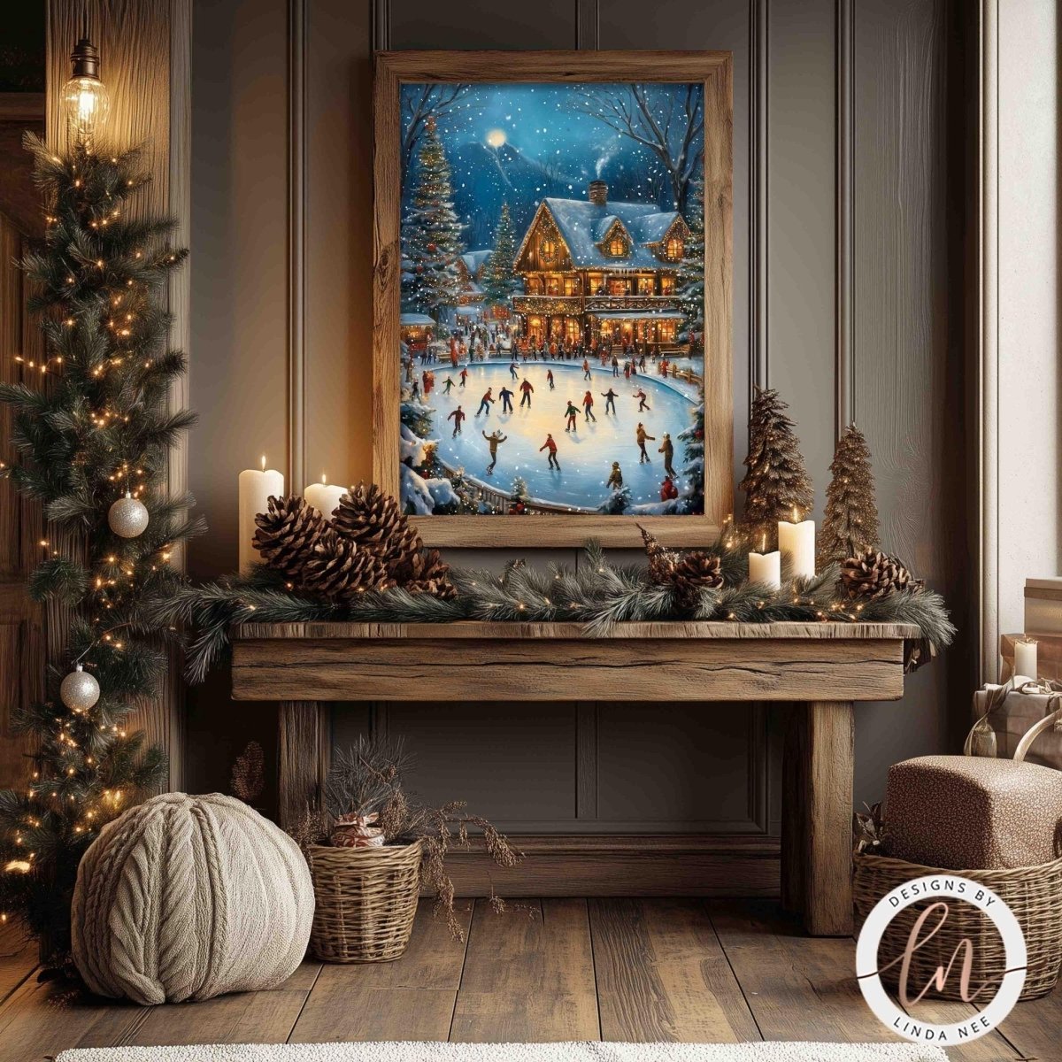 Snowy village ice skating rink print styled with a wreath and lit tree