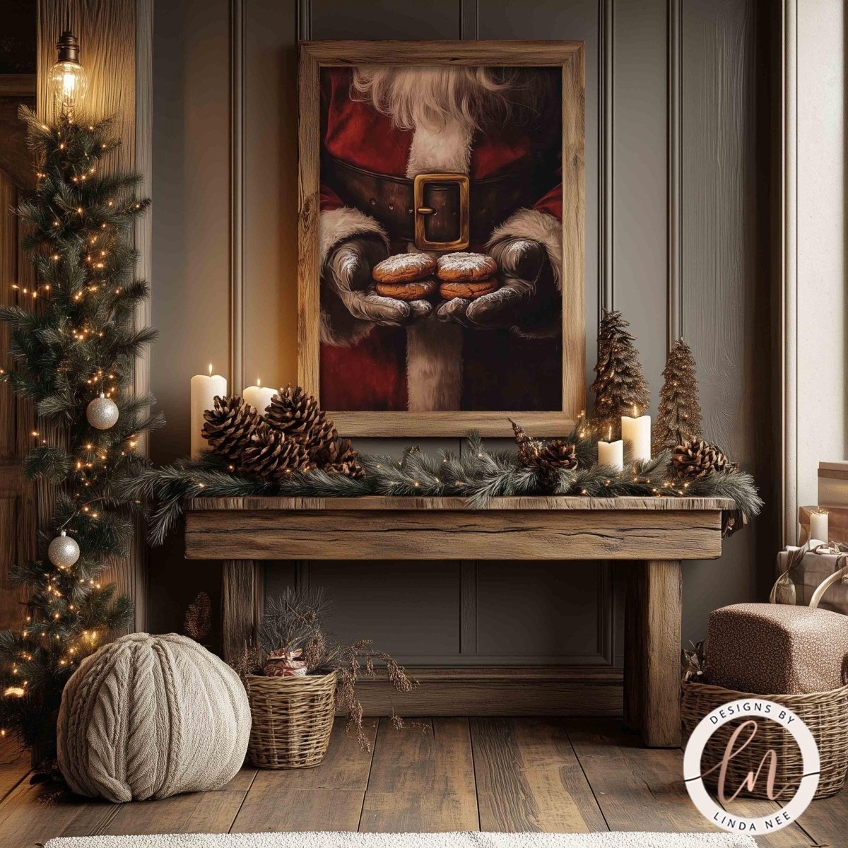 Santa holding cookies artwork styled with pine cones and candles