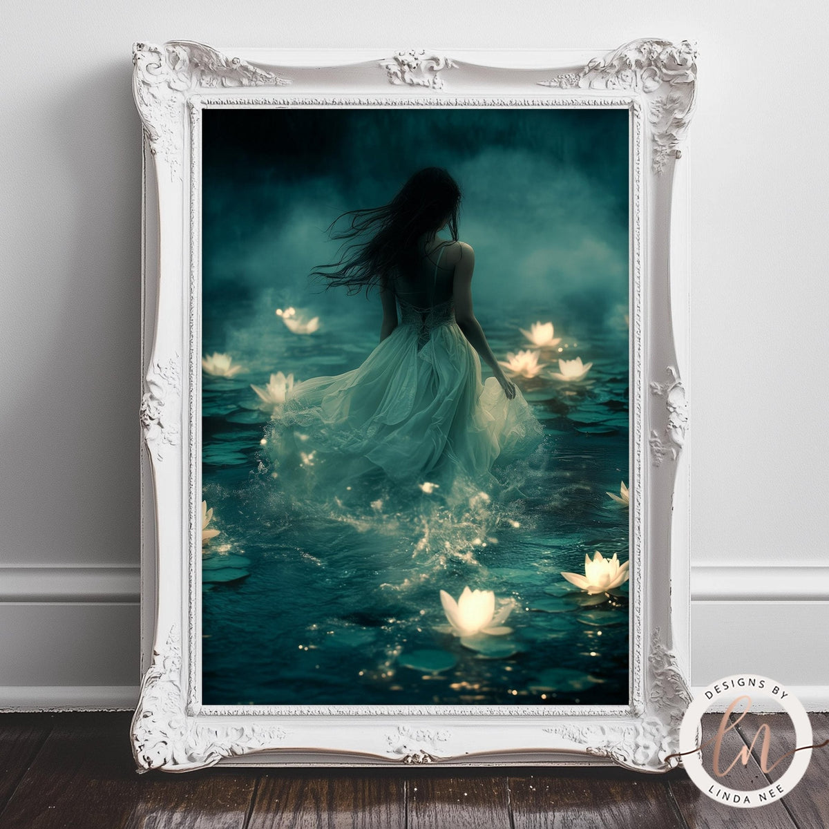 A woman in a flowing white dress stands in a serene body of water, surrounded by floating white lotus flowers.
