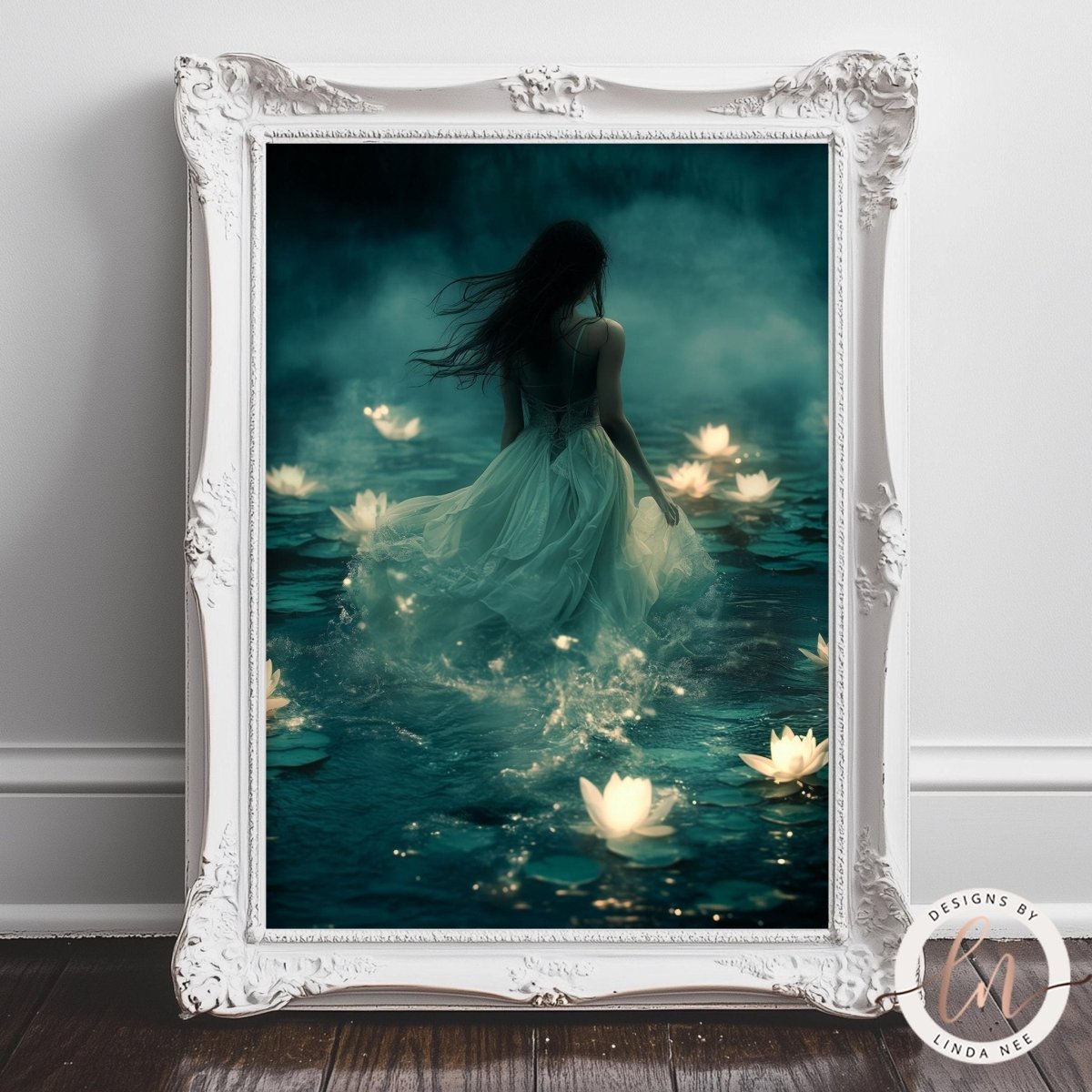 Woman in white dress standing in water among glowing white lotus blooms