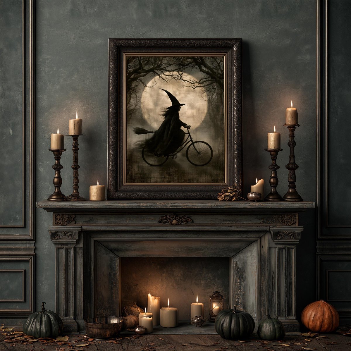 Witch on a bicycle art print surrounded by candles and pumpkins