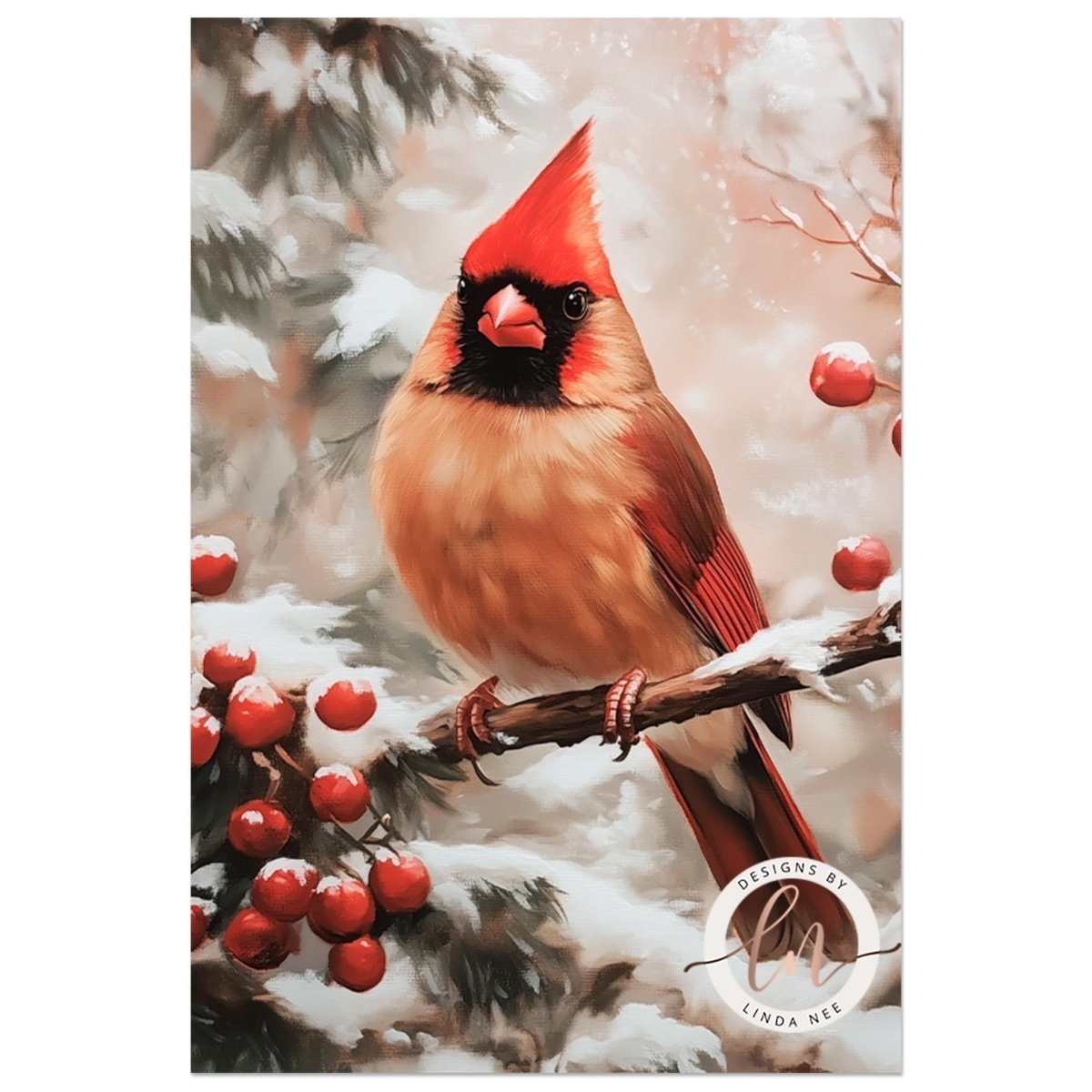 Scarlet cardinal perched among snow covered pine branches and red berries