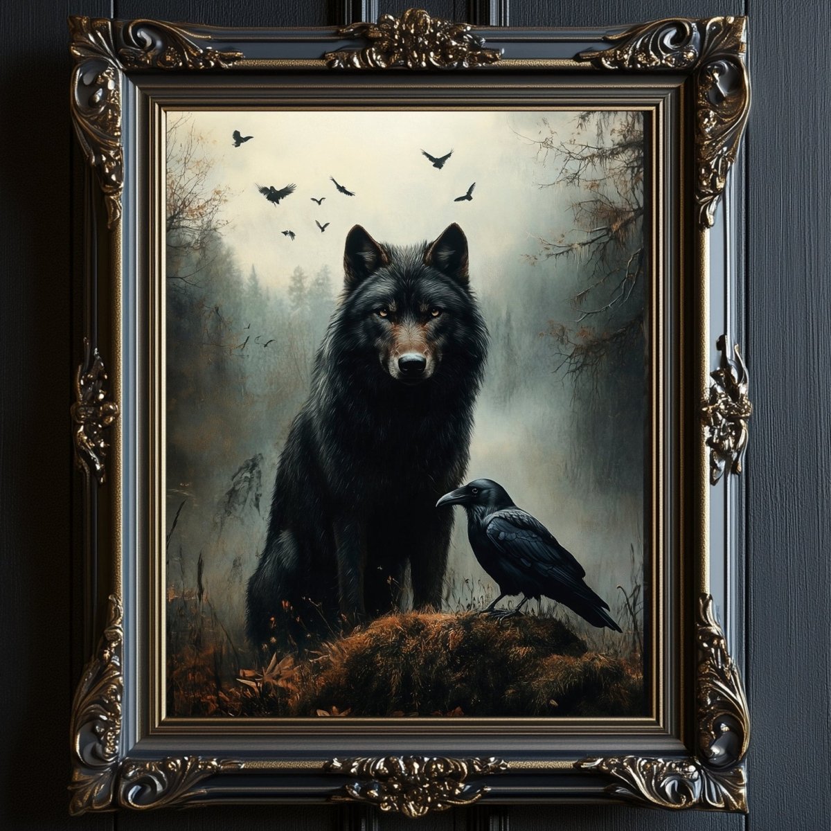 Black wolf sitting on a rock with a black raven perched close by