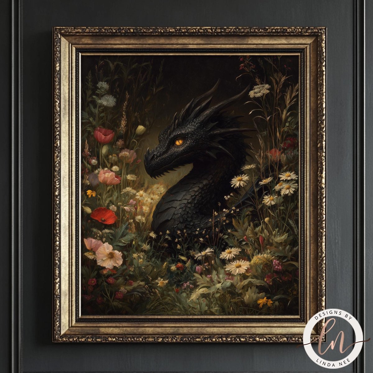 The image is a framed painting depicting a black dragon surrounded by a lush, colorful garden filled with various flowers and plants.