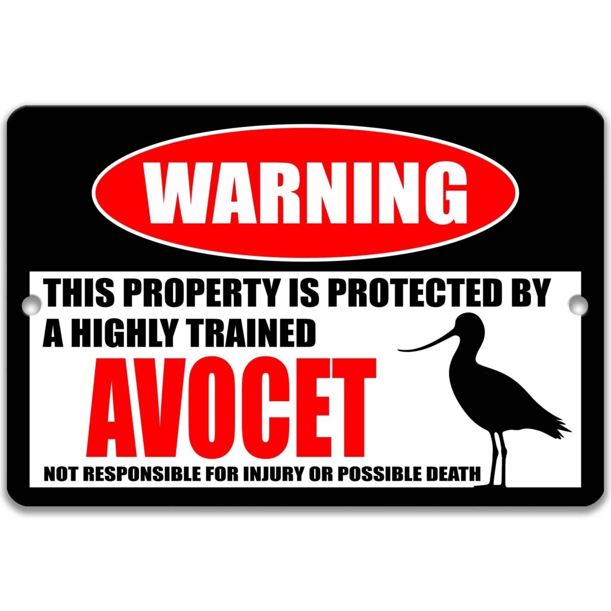 Avocet warning metal sign, glossy black, red WARNING oval and long-legged avocet silhouette
