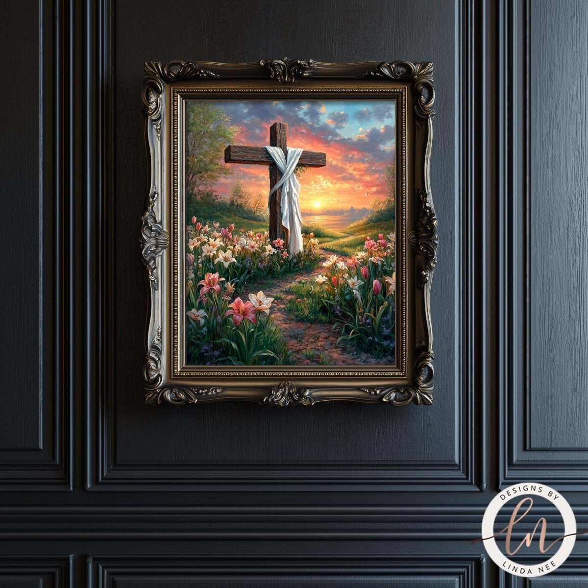 He is risen artwork with lilies and soft morning glow