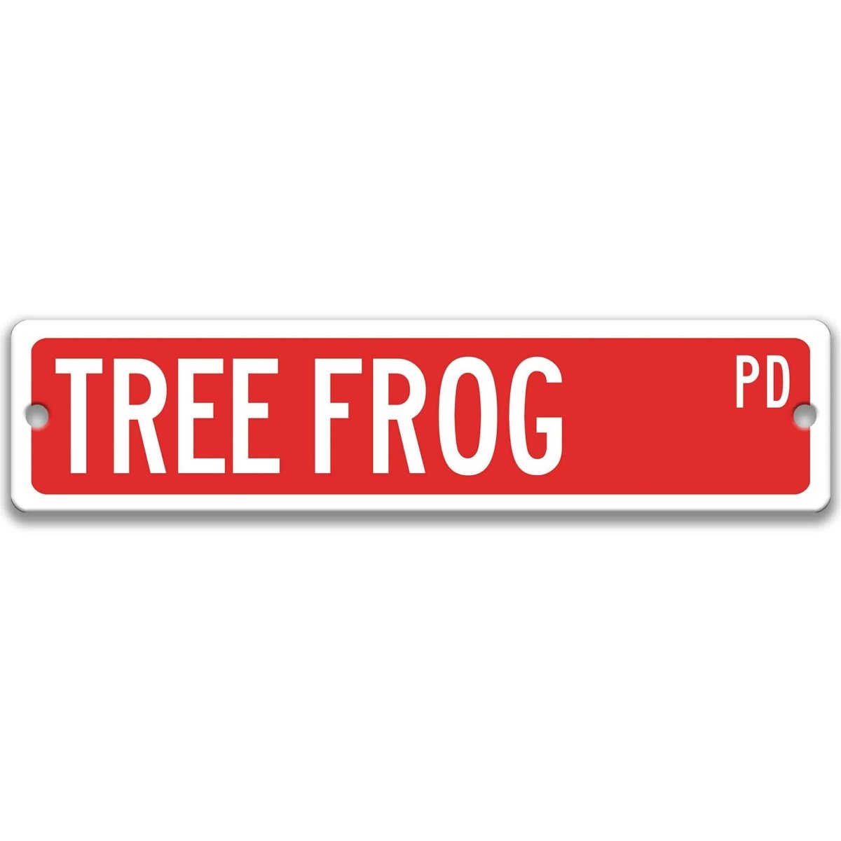 Tree Frog Street Name metal sign with red background