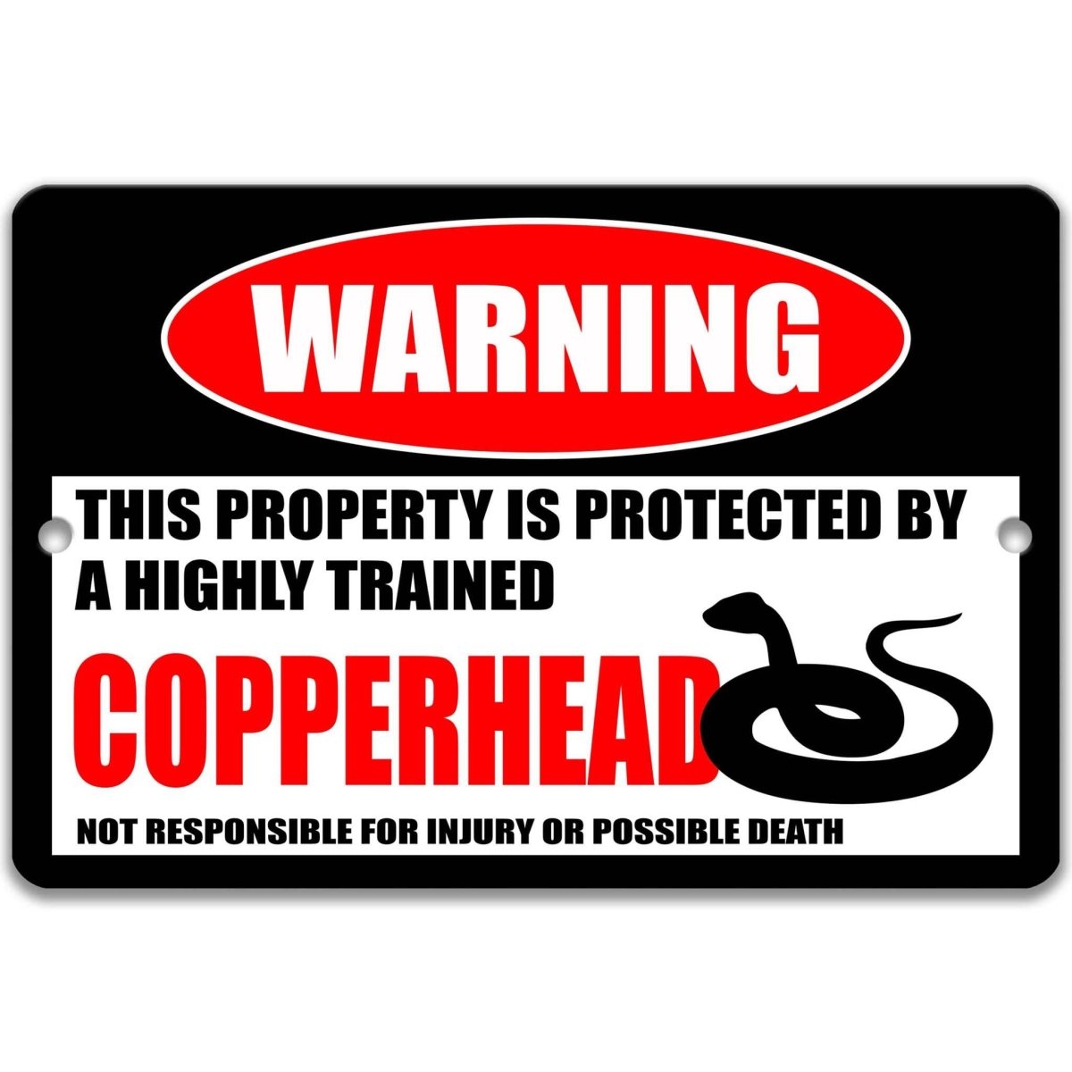 Copperhead snake warning metal sign, glossy black, red WARNING oval and coiled copperhead silhouette