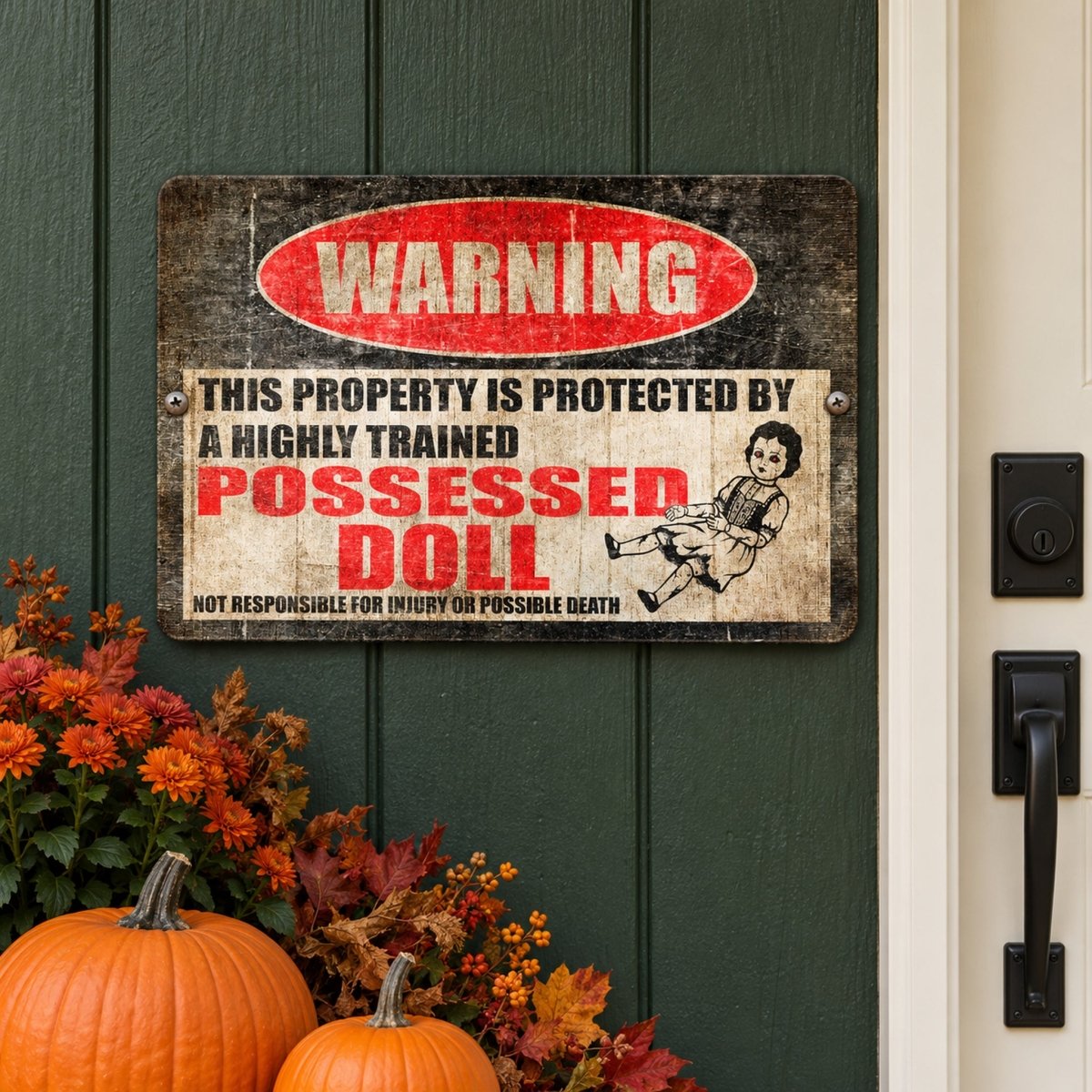 Possessed Doll warning sign on a green front door with pumpkins and fall leaves