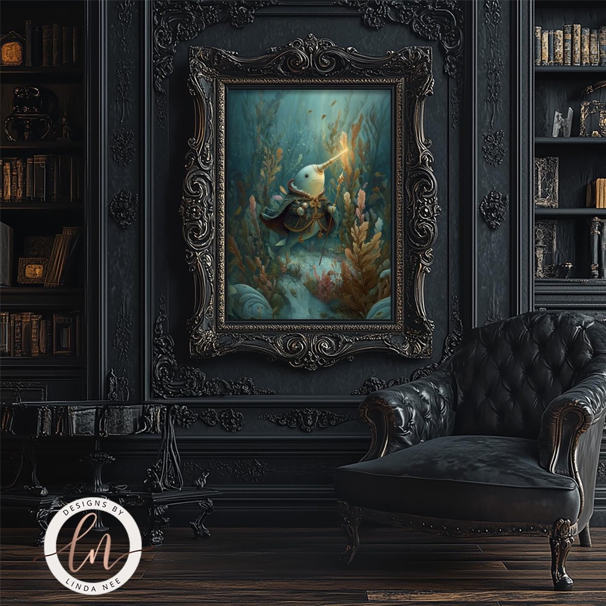 a large, ornate painting of a turtle with a starfish on its back, hanging on a dark, gilded wall in a room with a black leather chair and a bookshelf.