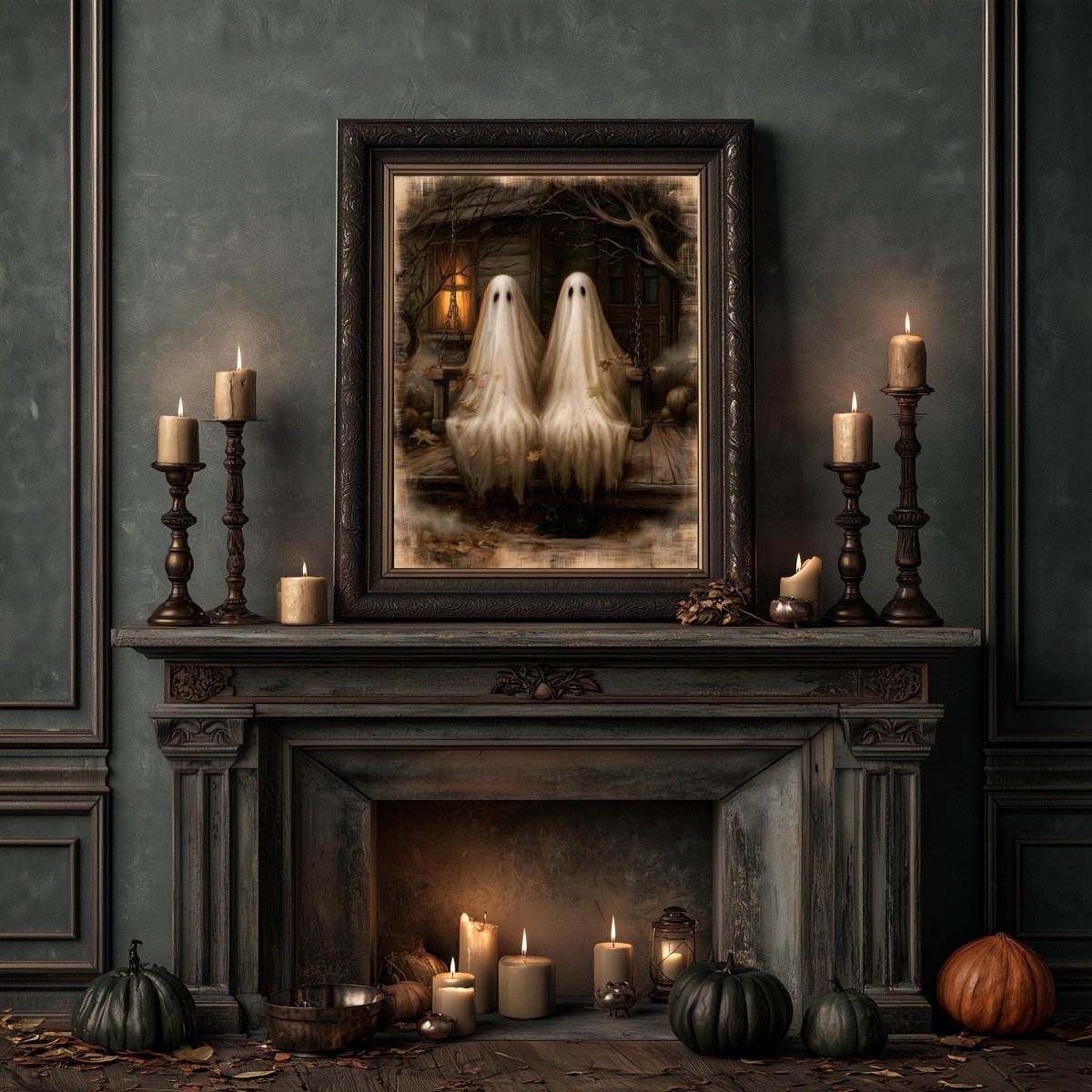 Ghost couple art print on a Halloween mantel with pumpkins and candles