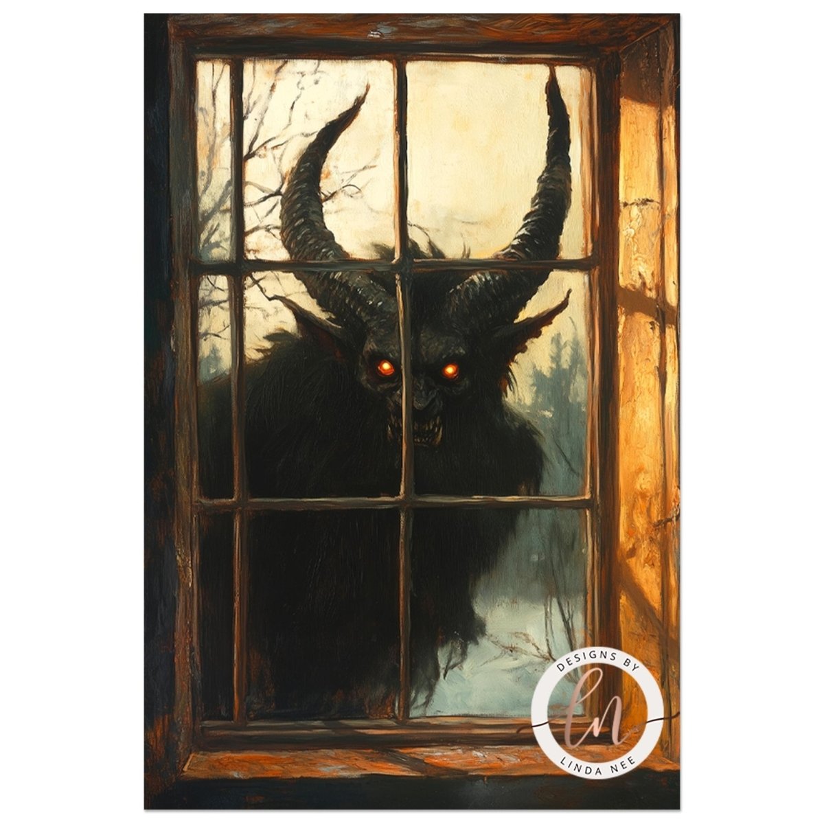Krampus with long sweeping horns and amber eyes watching through a lamplit window