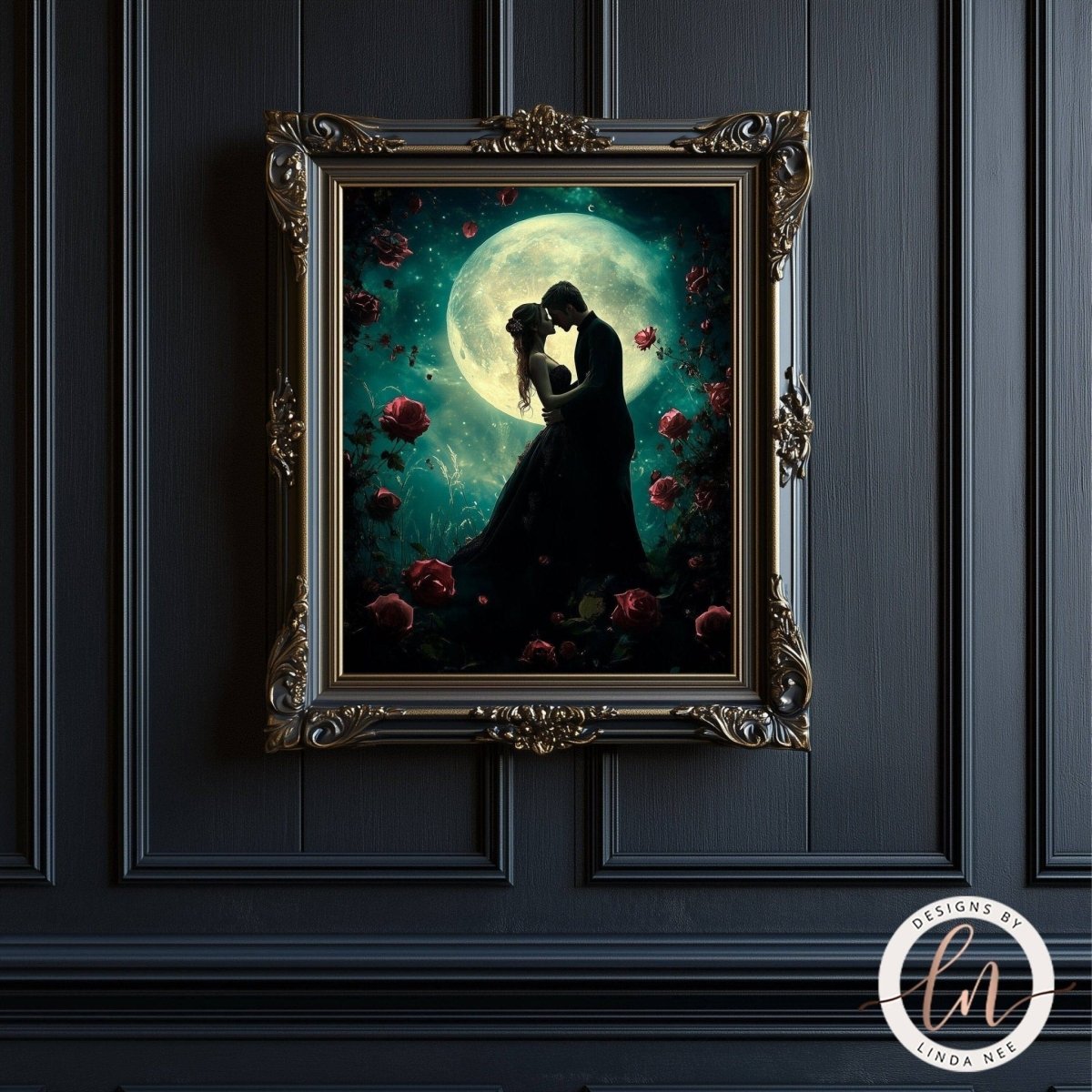 Romantic couple beneath a full moon in a lush rose garden