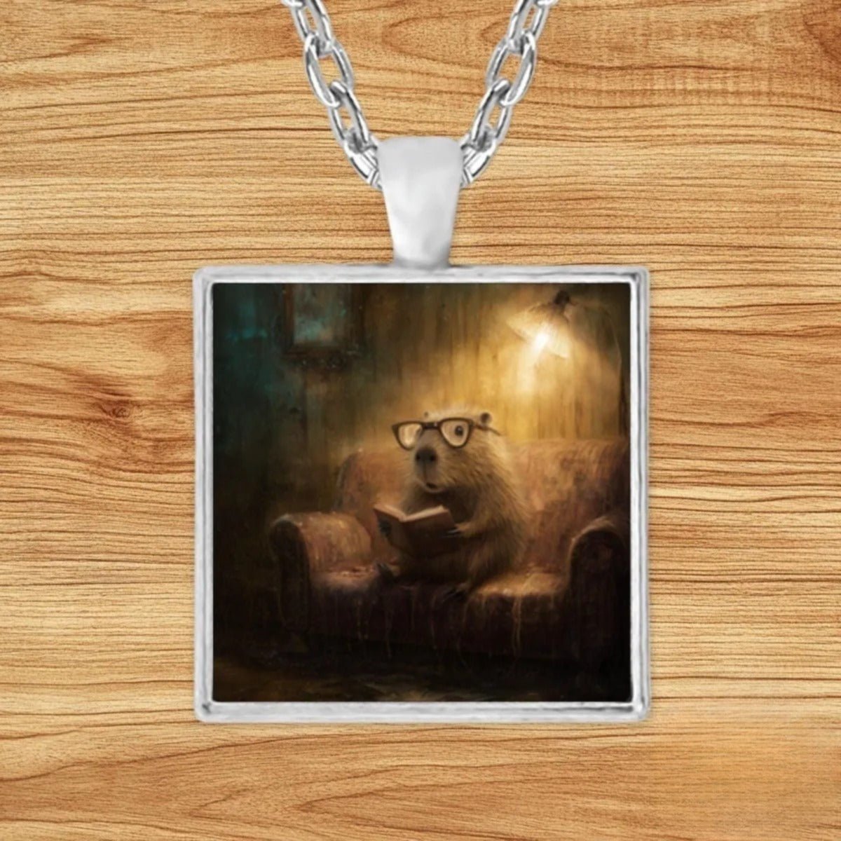 Square silver charm pendant necklace featuring a bespectacled capybara reading in a candlelit armchair among antique books, styled with an open book and pressed flowers