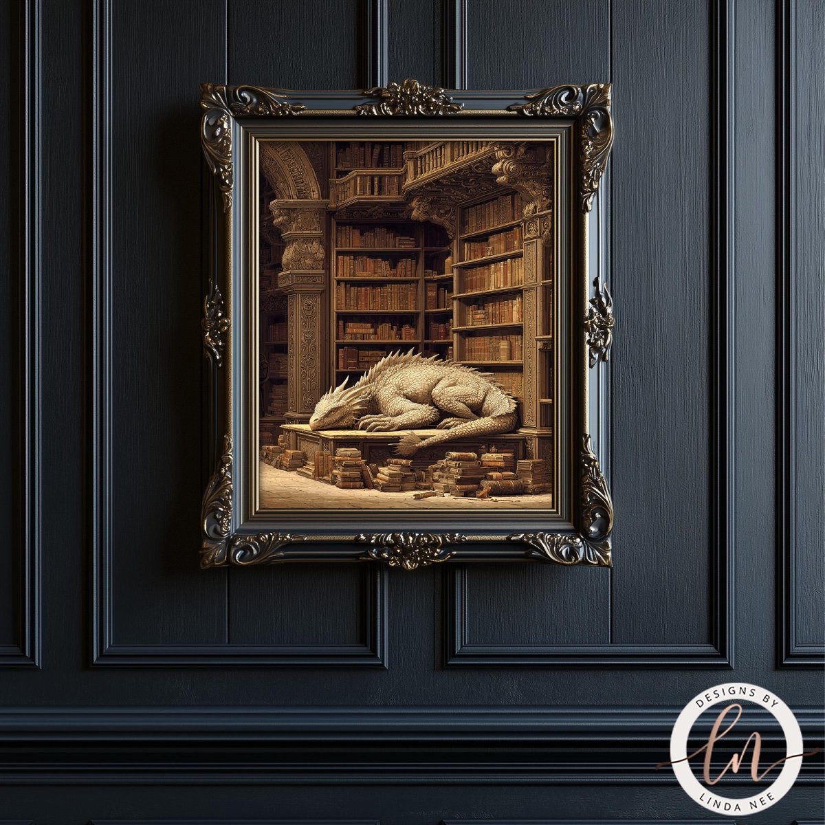 A framed image of a dragon resting on a bookshelf in a library.