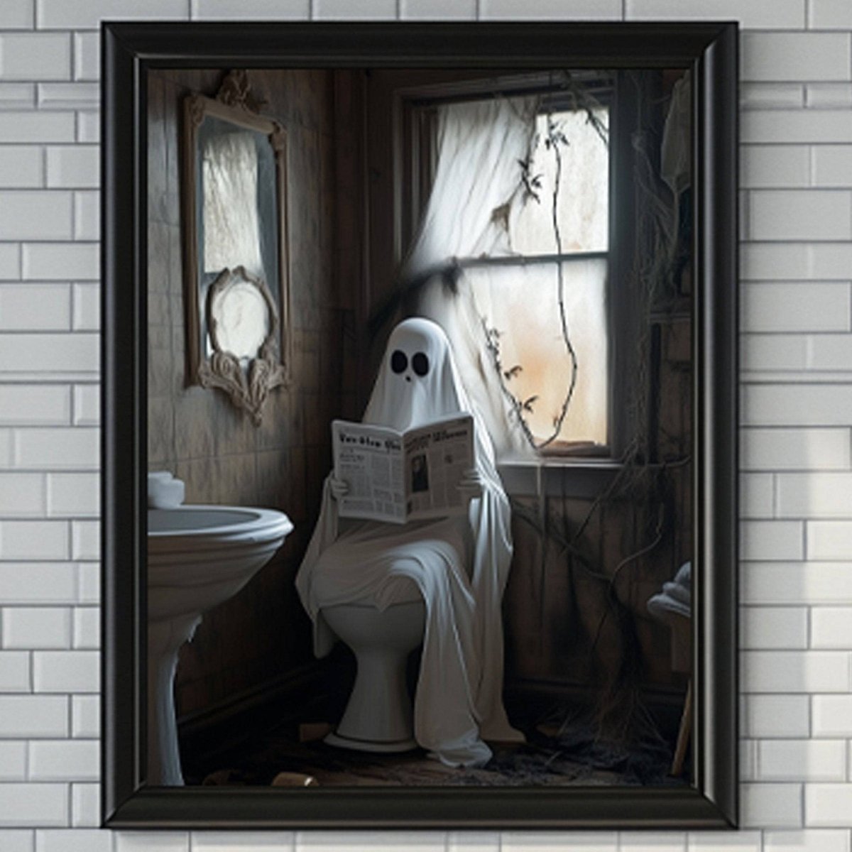 Sheet ghost sitting on a toilet reading a newspaper in a dim bathroom