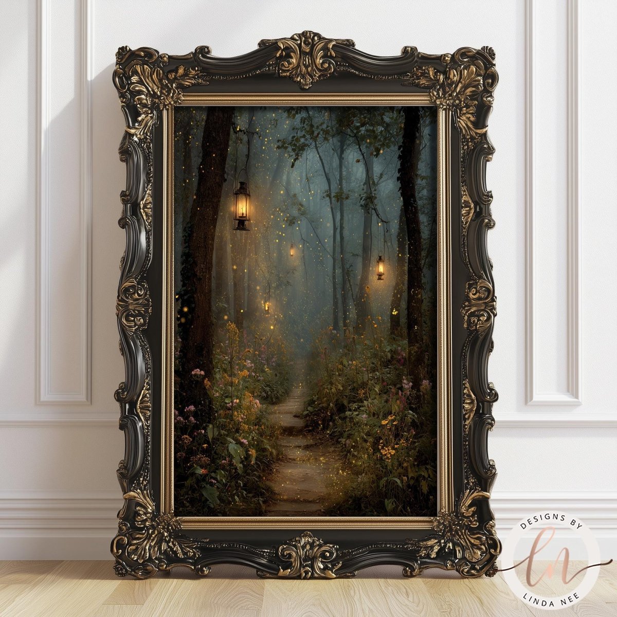 a painting of a forest path with lanterns hanging from the trees, creating a magical and enchanting atmosphere.