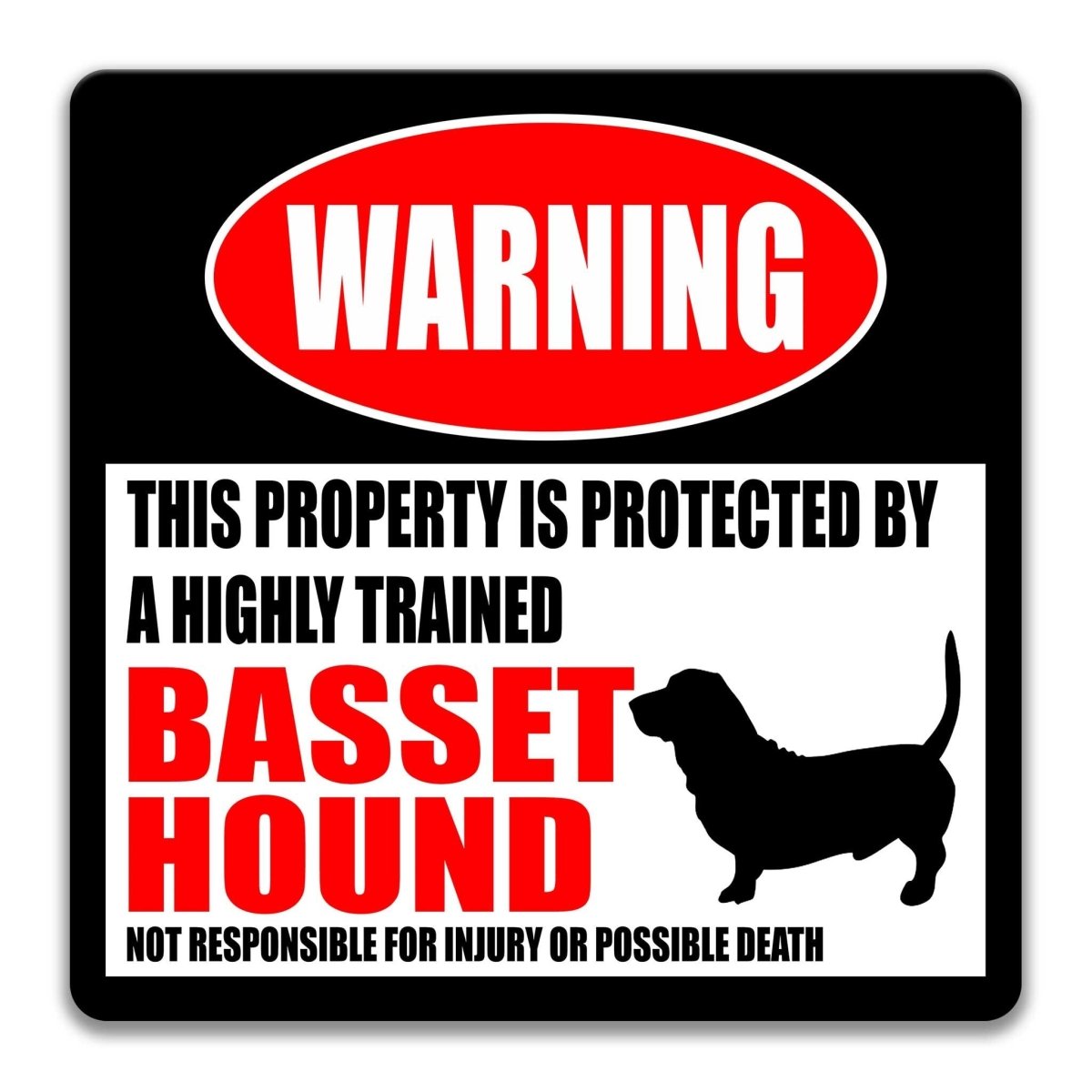 Basset Hound warning sign, red WARNING banner and large Basset Hound dog silhouette, funny Basset Hound lover gift, aluminum with rounded corners