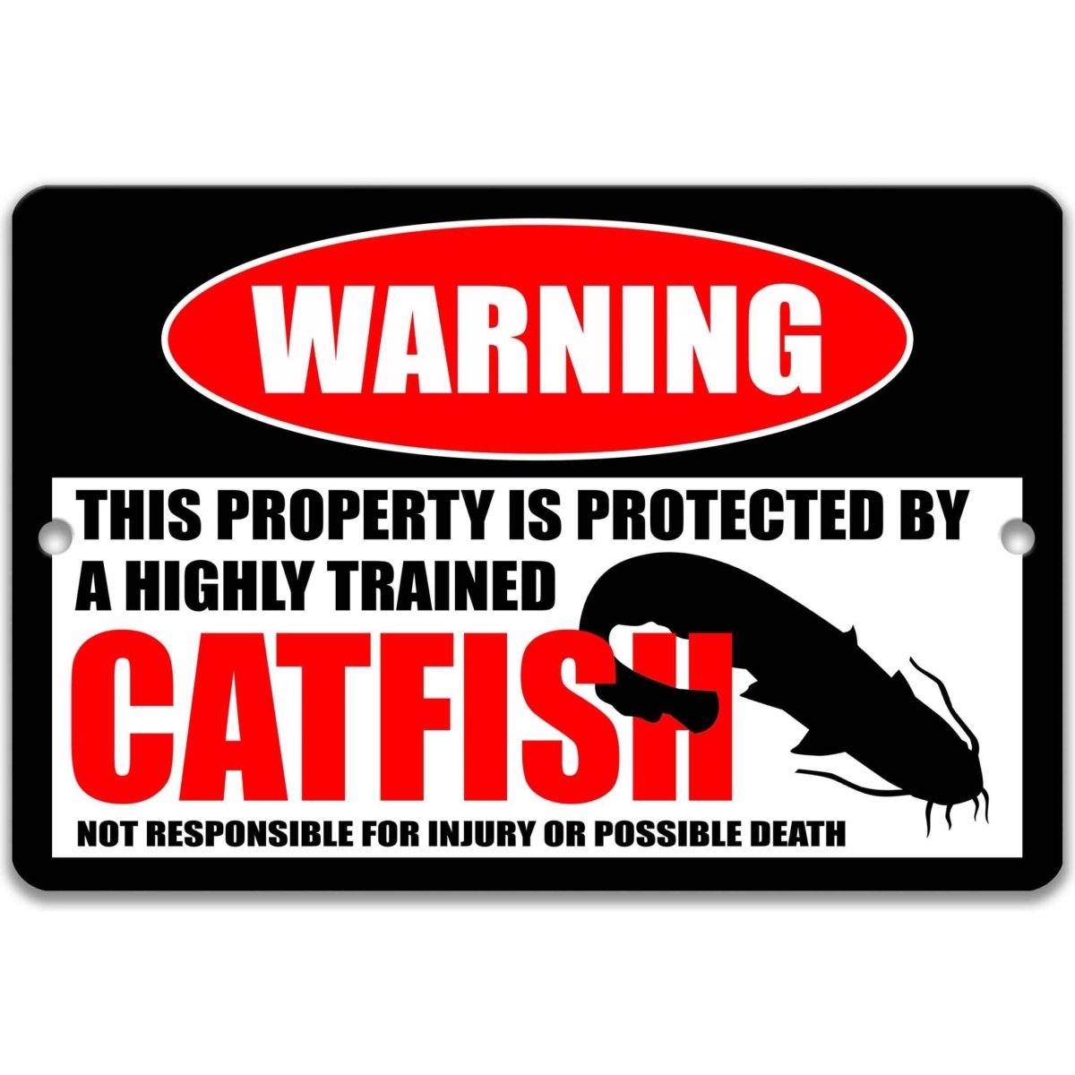 Catfish warning metal sign, glossy black, red WARNING oval and barbeled catfish silhouette