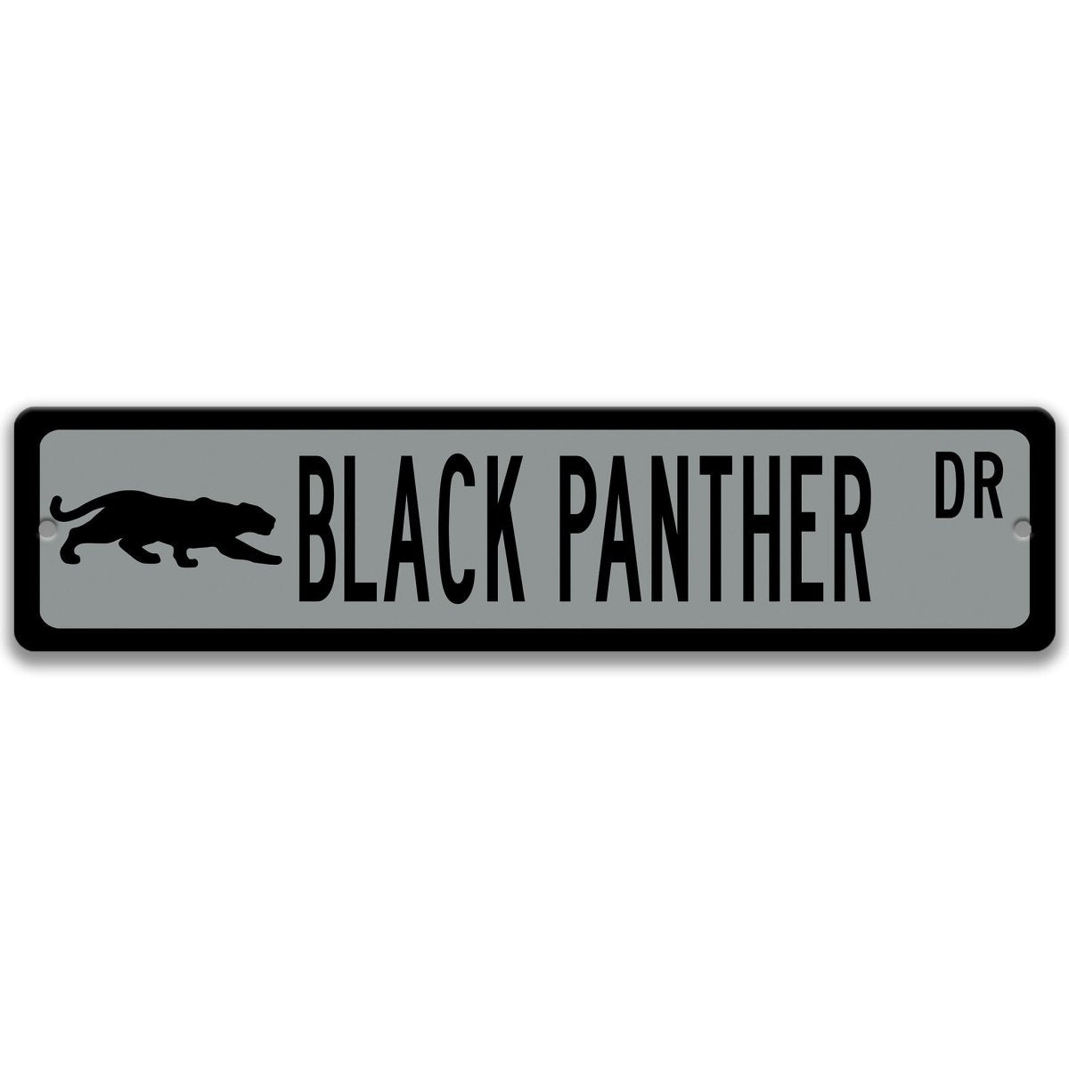 Black Panther metal street sign with a gray background reading BLACK PANTHER DR with a prowling panther silhouette