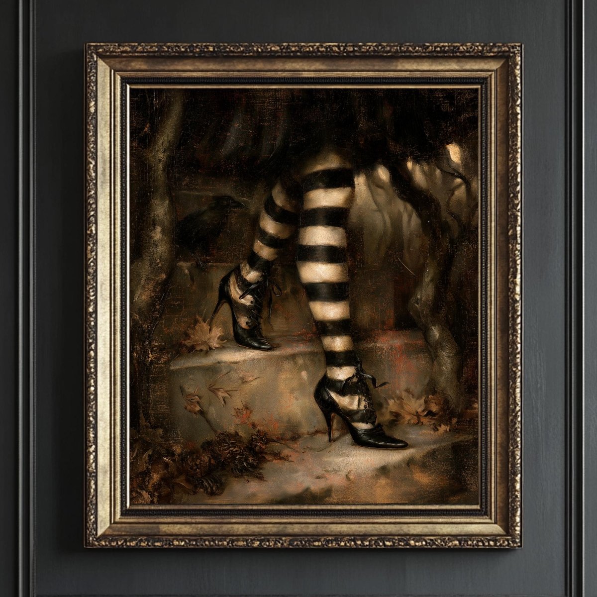Close view of the striped stockings with a black raven perched on a rock