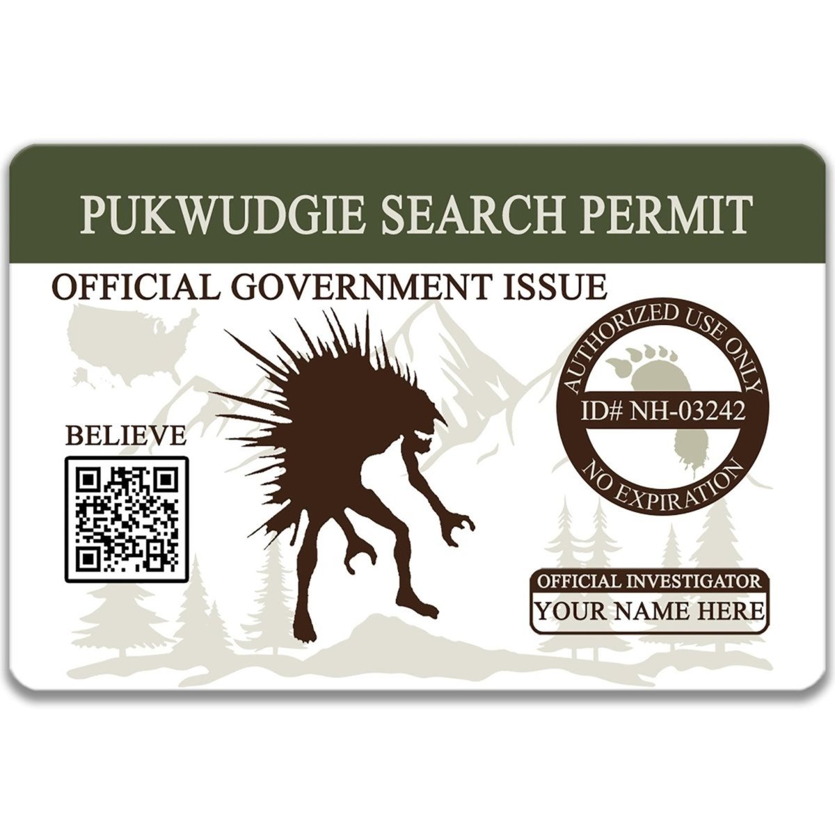 The image is a search permit for a Pukwaddie, a mythical creature from the Pukwaddie series. The permit is for an official government investigation and includes a QR code and a barcode.