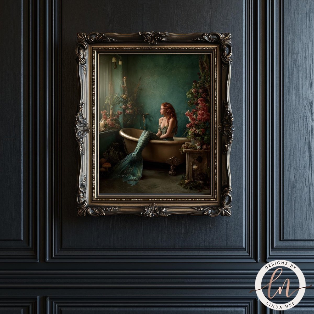 A painting of a woman sitting in a bathtub, surrounded by flowers and plants, is displayed on a dark wall.