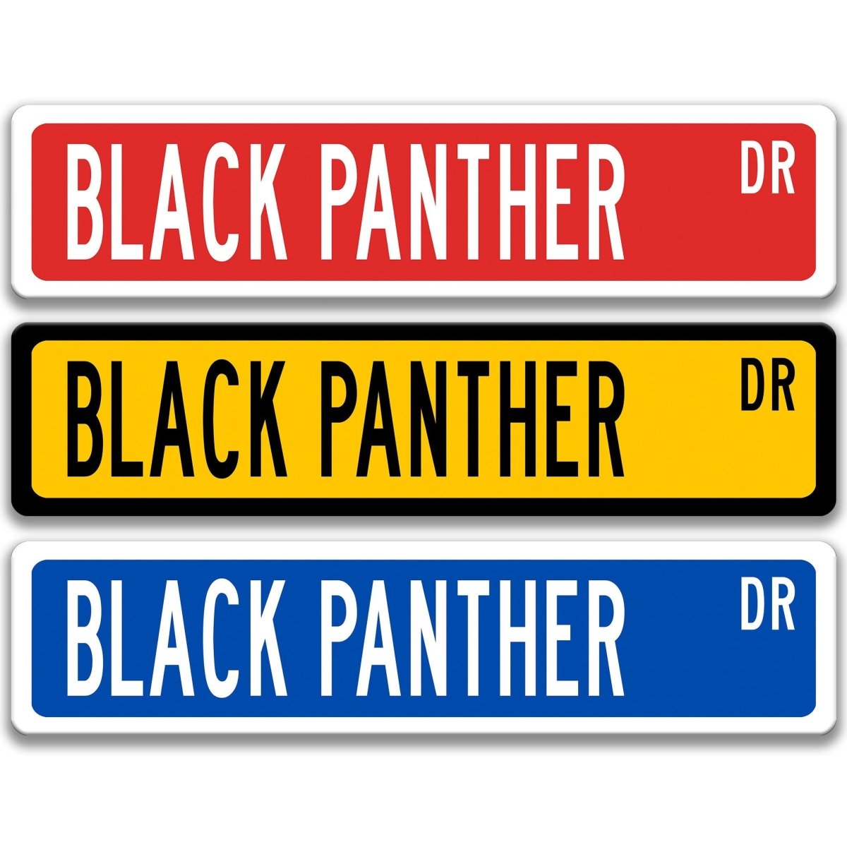 Black Panther Metal Street Sign in red, yellow, and blue, reading BLACK PANTHER DR