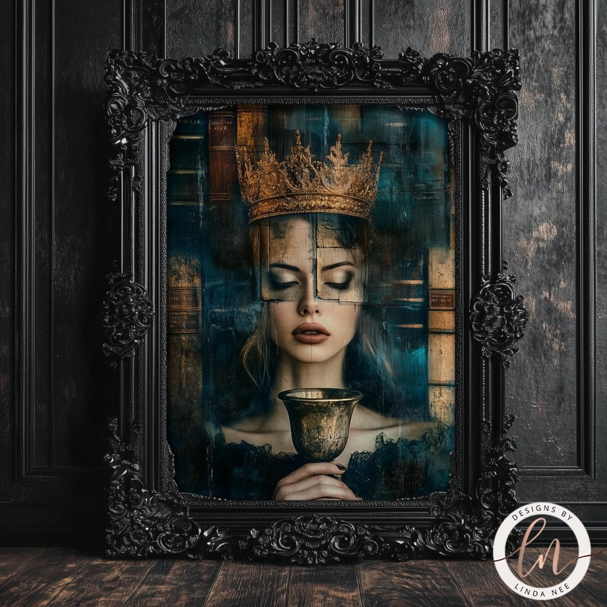 The image is a framed artwork depicting a woman wearing a crown and holding a chalice, with a dark, moody background.