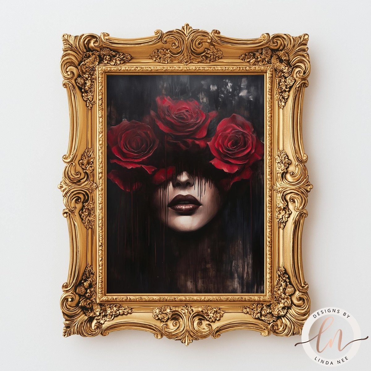 a woman's face with red roses framing her, creating a striking and artistic composition.