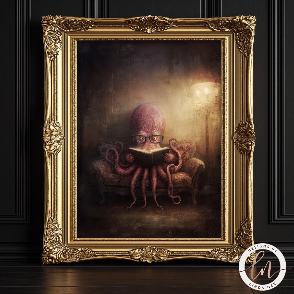 The image is a painting of an octopus sitting on a couch and reading a book.
