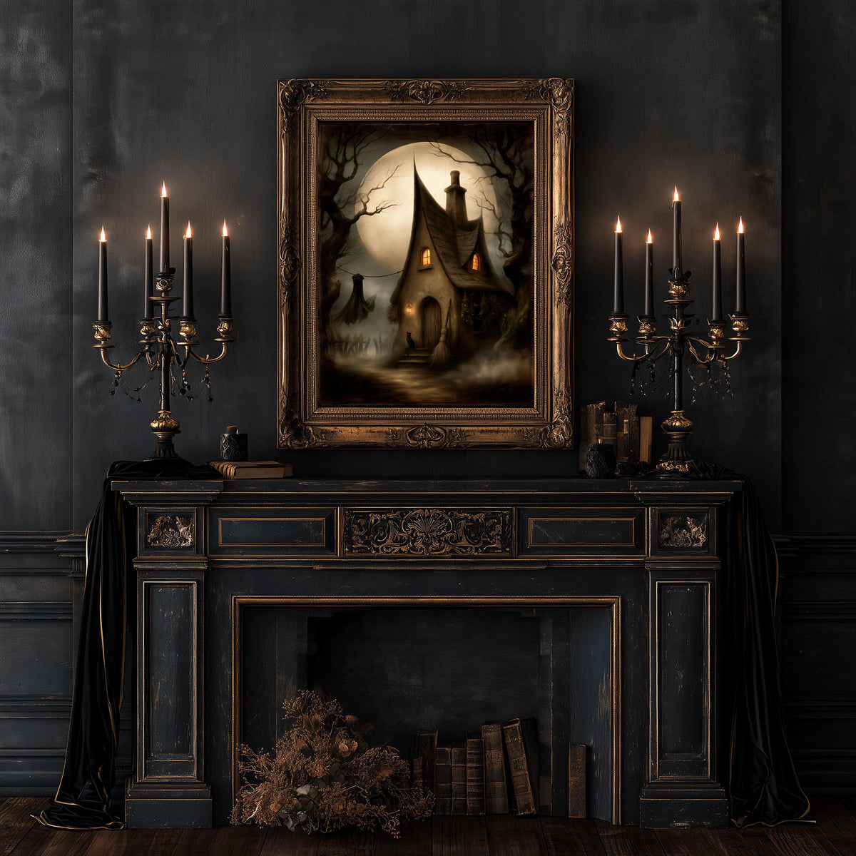 Gothic room with twin candelabra flanking the fireplace and the cottage print
