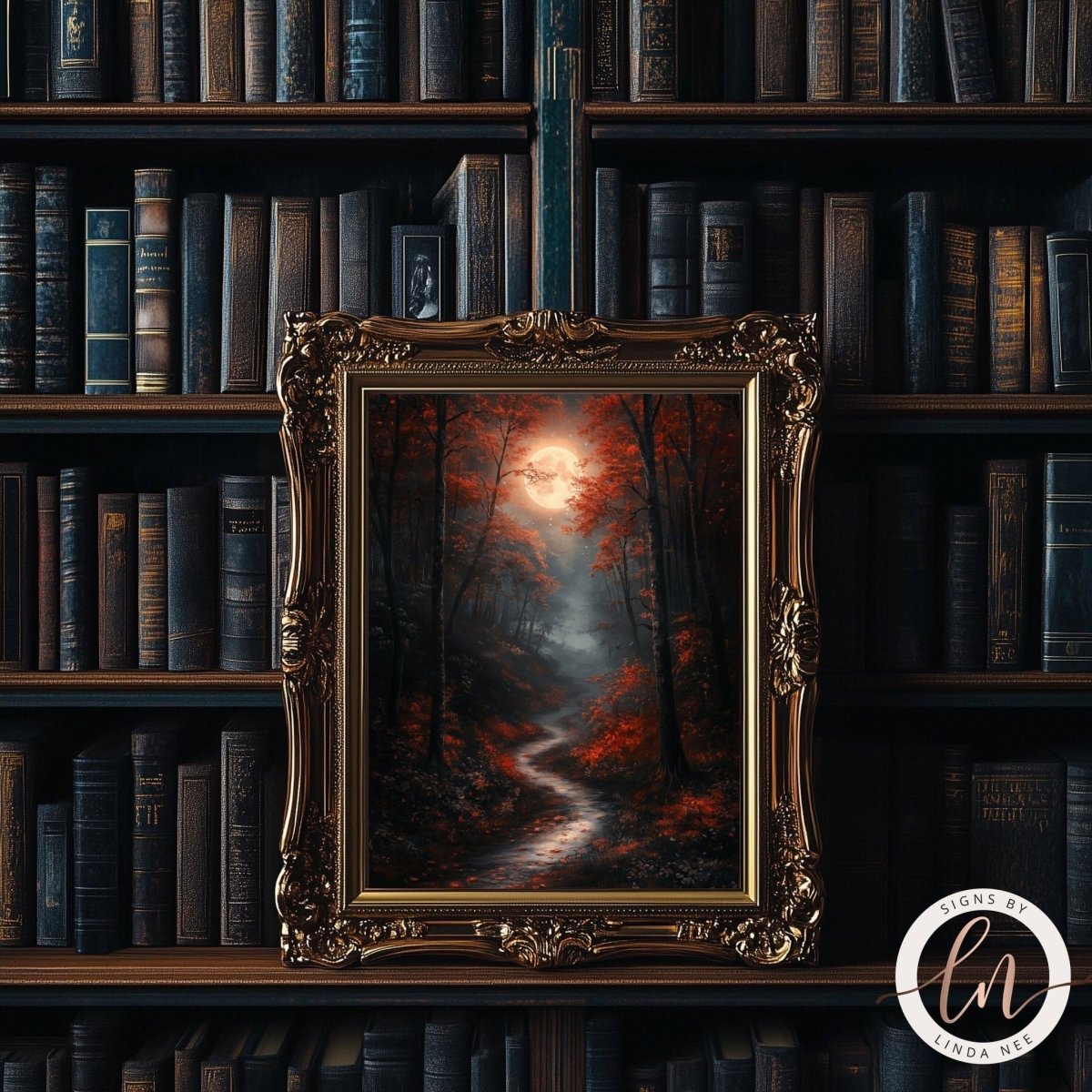 Autumn forest and moon artwork displayed in a gold frame