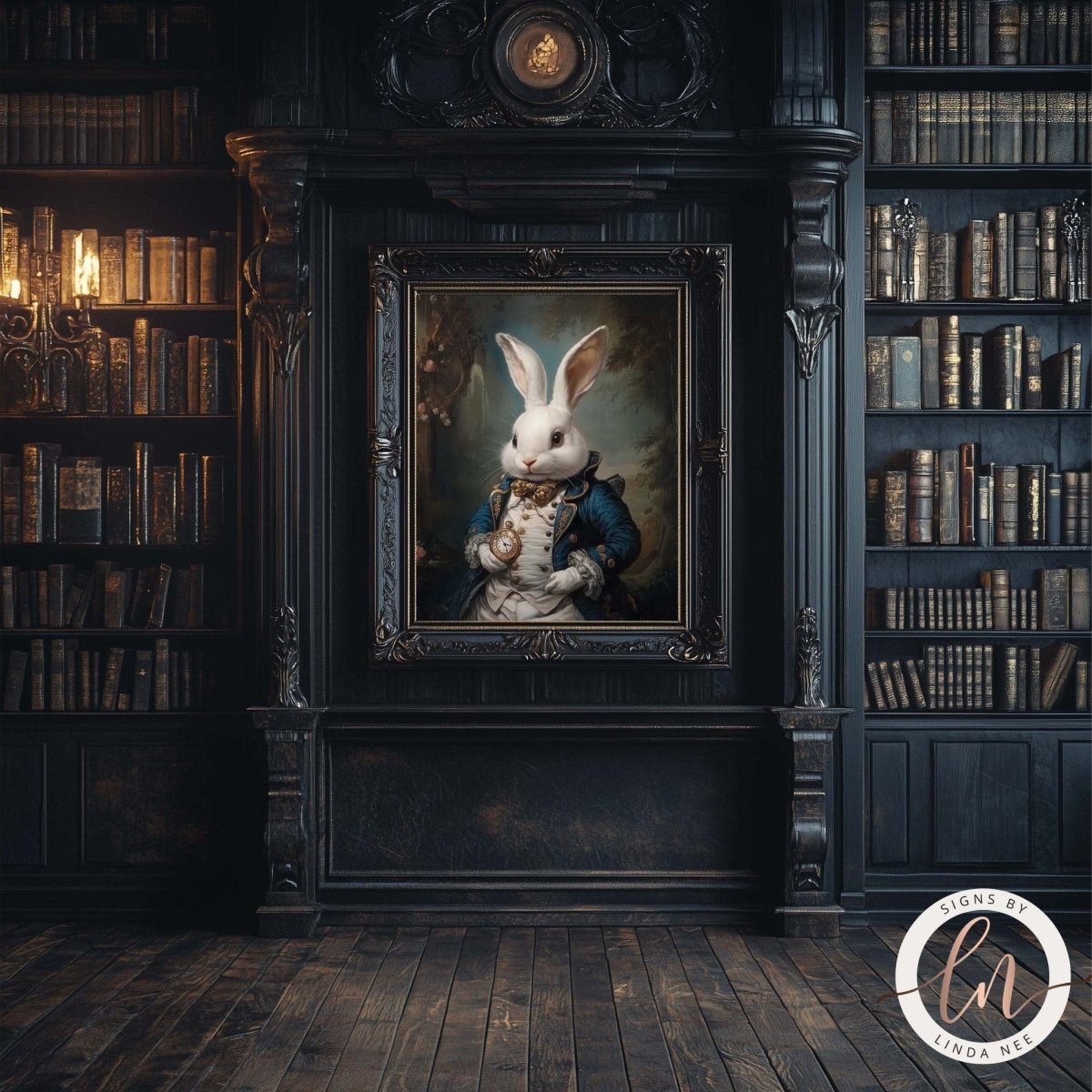White rabbit art print displayed with bookshelves and a chandelier