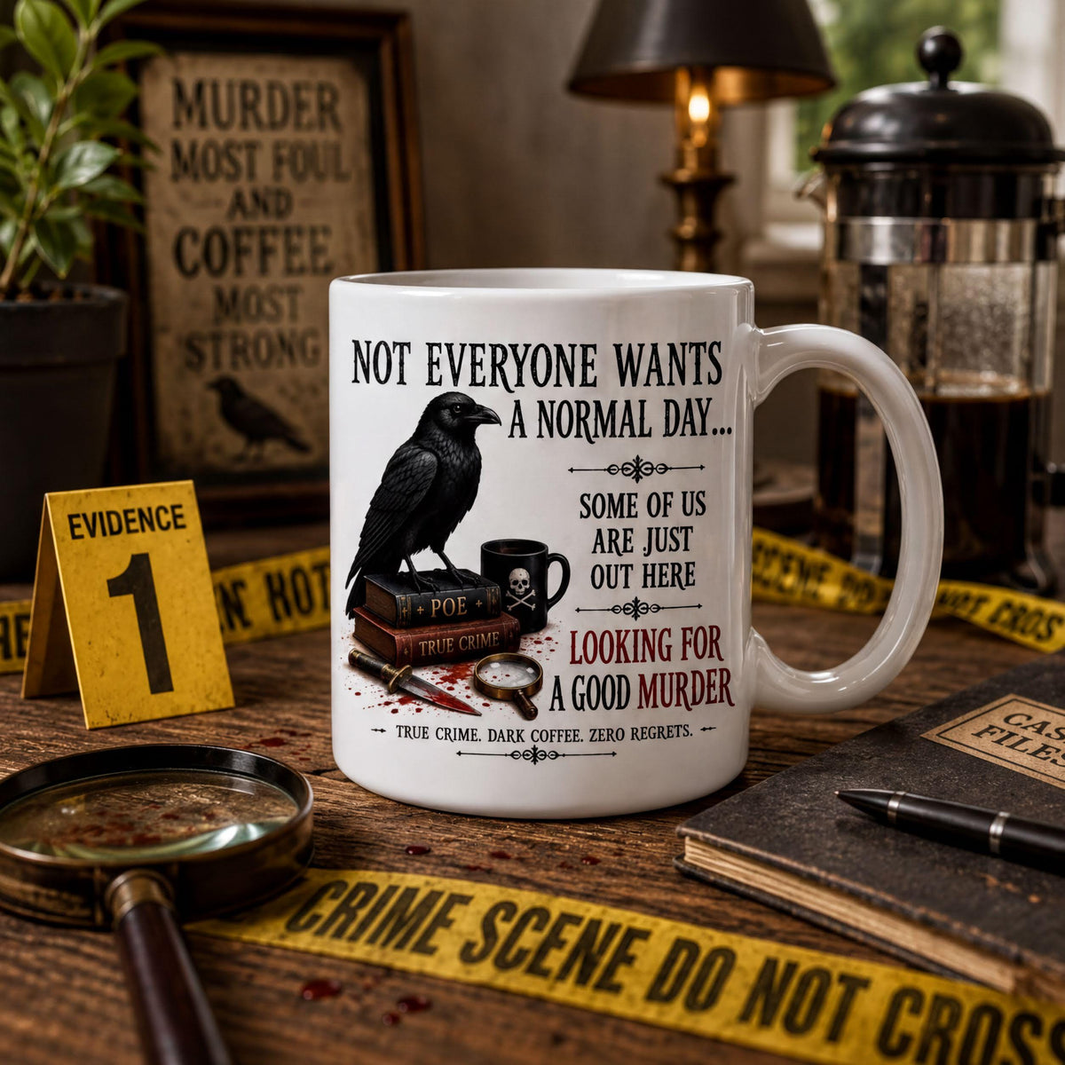 Raven mug on a desk with crime scene tape, an evidence marker, a magnifying glass, a case file and a French press